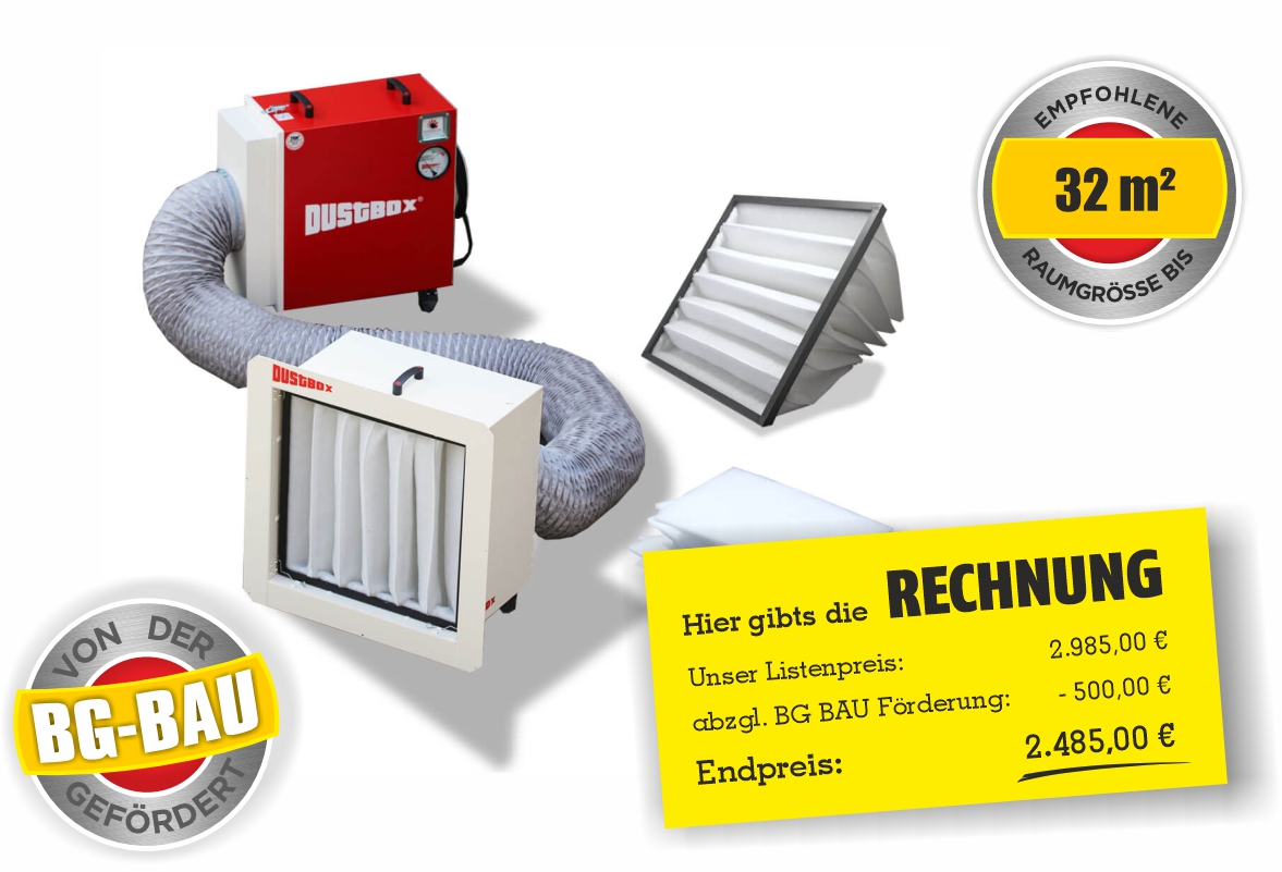 Featured image for “DustBox® 2000 Bauluftreiniger + Taschenfilter BG Bau gefördert”