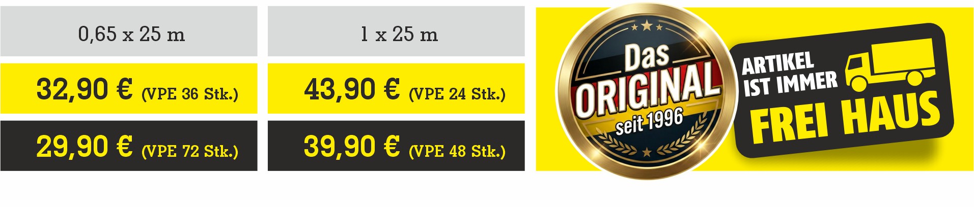 Original EFC 180 Abdeckvlies Palettenpreise für 0,65 x 25 m und 1 x 25 m inklusive frei Haus Lieferung