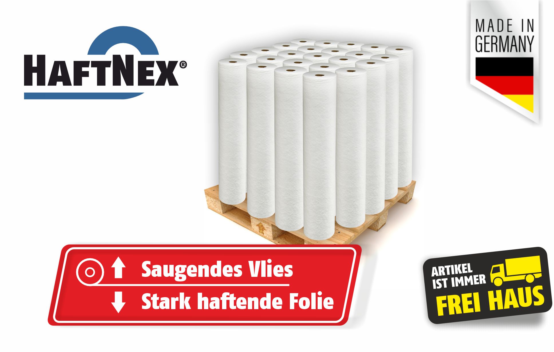 HaftNex Abdeckvlies als Palettenware, selbstklebend mit saugendem Vlies und stark haftender Folie für Bodenschutz auf Baustellen