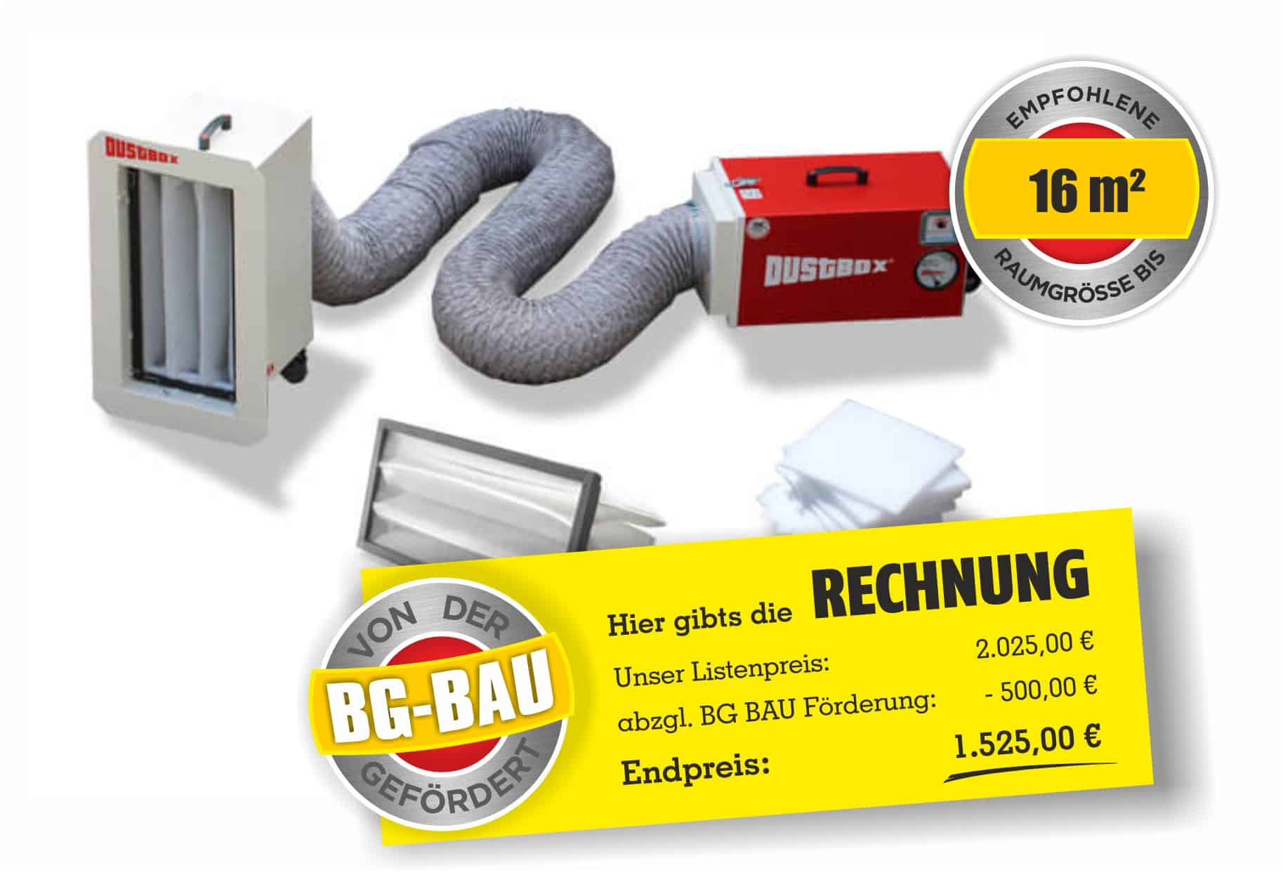 Featured image for “DustBox 1000 geprüft nach DGUV-G-309-012 Ansaugadapter Ansaug-/Abluftschlauch 1 Satz (10 St.) Vorfiltermatten Düsenplatte”