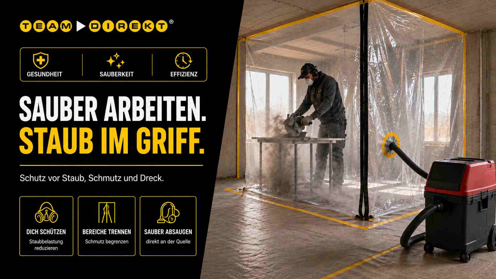 Sauberes Arbeiten auf der Baustelle mit abgetrenntem Arbeitsbereich, Atemschutz und technischer Absaugung gegen Staub, Schmutz und Dreck.