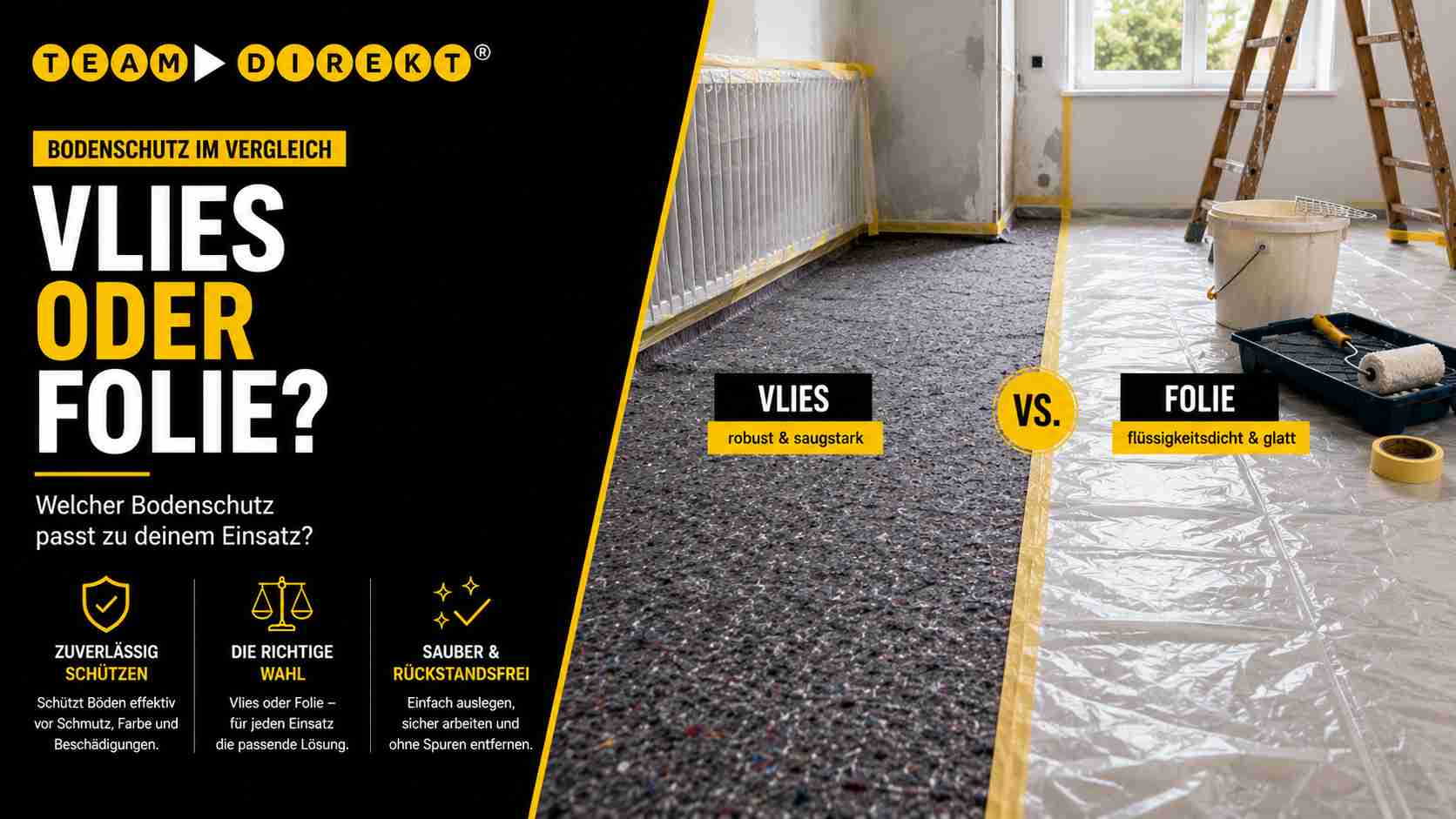 Vergleich von Abdeckvlies und Schutzfolie als Bodenschutz bei Renovierungs- und Malerarbeiten.