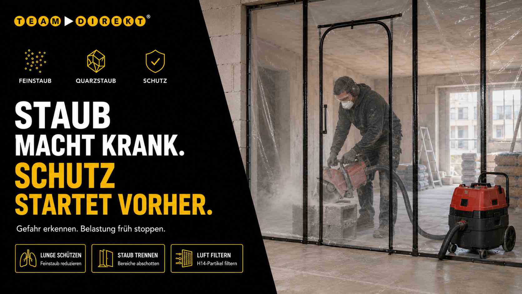 Handwerker arbeitet hinter einer Staubschutzwand mit Absaugung und Luftfilterung – Schutz vor gesundheitsgefährdendem Fein- und Quarzstaub auf der Baustelle.