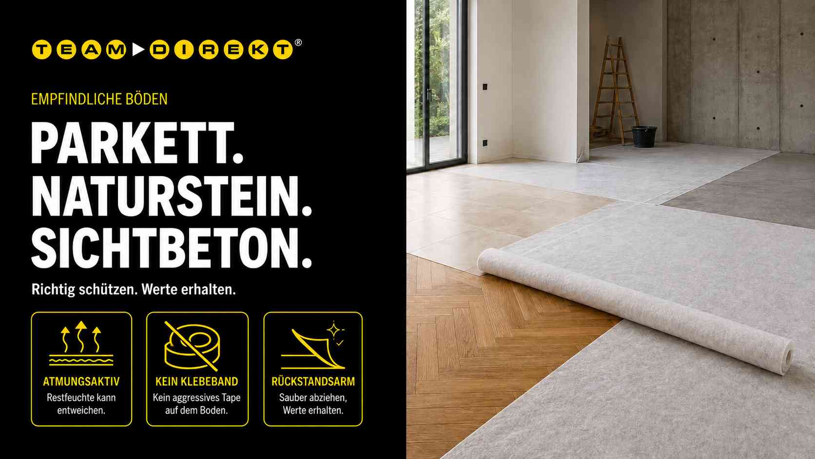 Bodenschutz für Parkett, Naturstein und Sichtbeton mit atmungsaktivem Schutzvlies in einem hochwertigen Innenraum während der Renovierung.