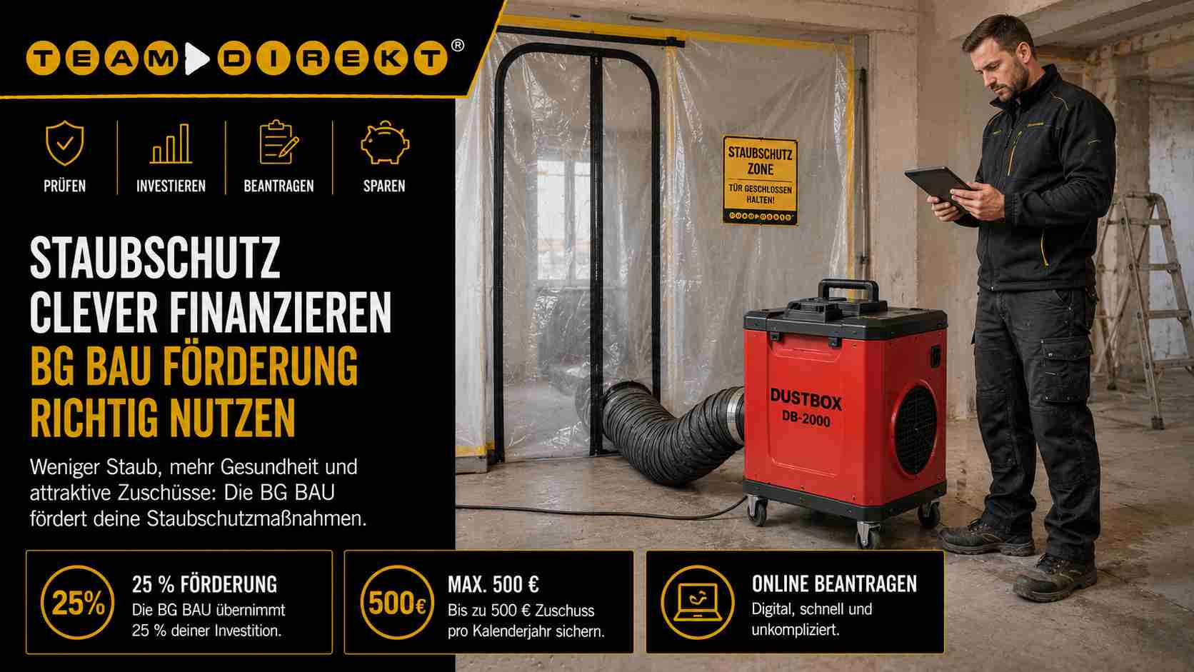 Featured image for “Staubschutz clever finanzieren: So nutzt du die BG Bau Förderung richtig”