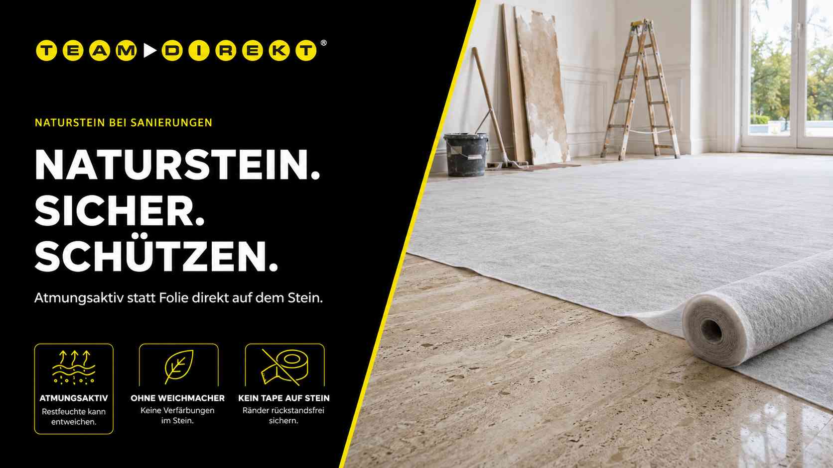 Natursteinboden bei einer Sanierung mit atmungsaktivem Schutzvlies sicher abgedeckt, ohne Folie oder Klebeband direkt auf dem Stein.