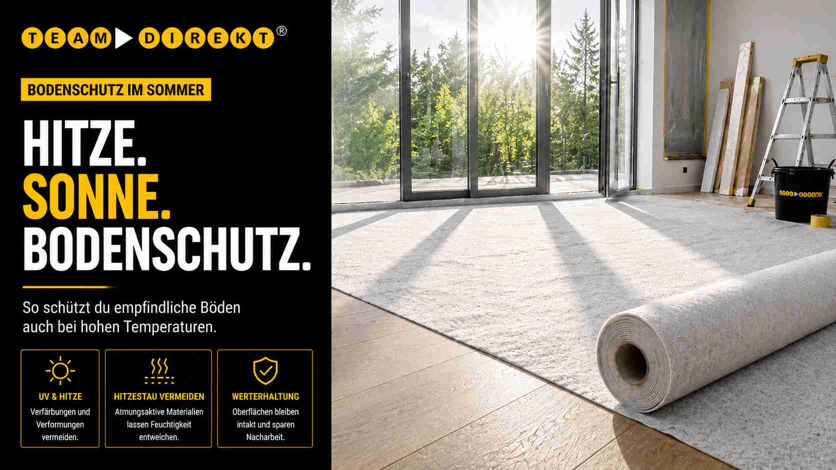 Bodenschutz im Sommer mit atmungsaktivem Abdeckvlies auf einem stark von Sonne und Hitze belasteten Boden während der Renovierung.