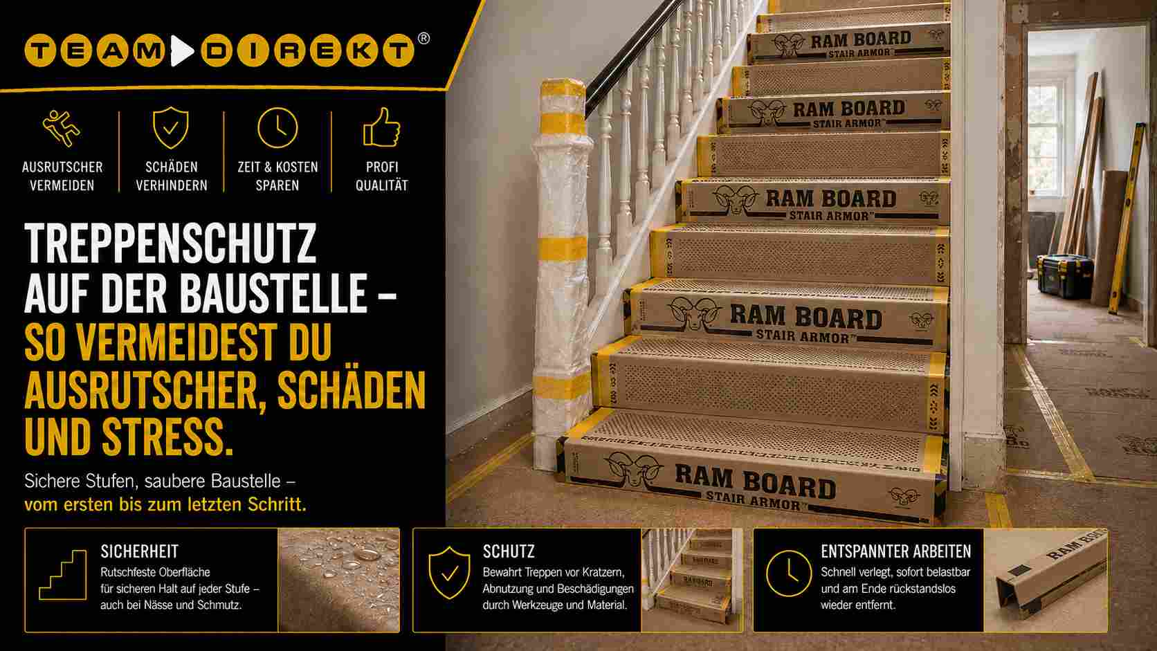 Featured image for “Treppenschutz auf der Baustelle – So vermeidest Du Ausrutscher, Schäden und Stress”
