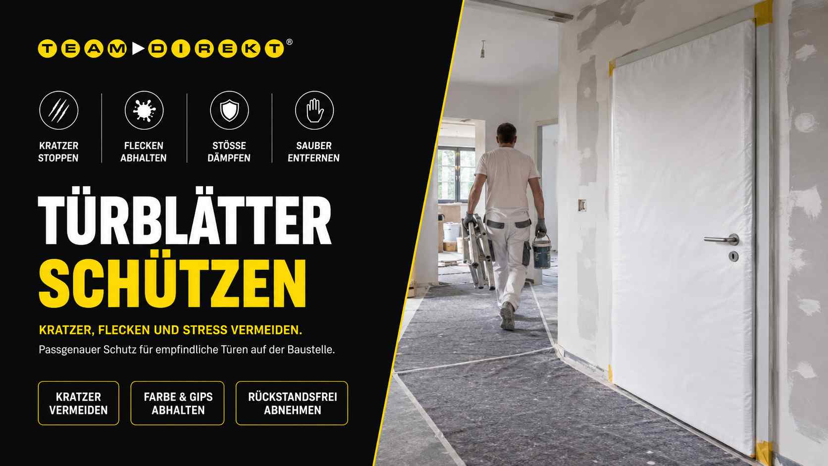 Featured image for “Türblätter auf der Baustelle schützen: Kratzer, Farbspritzer und Dellen vermeiden”