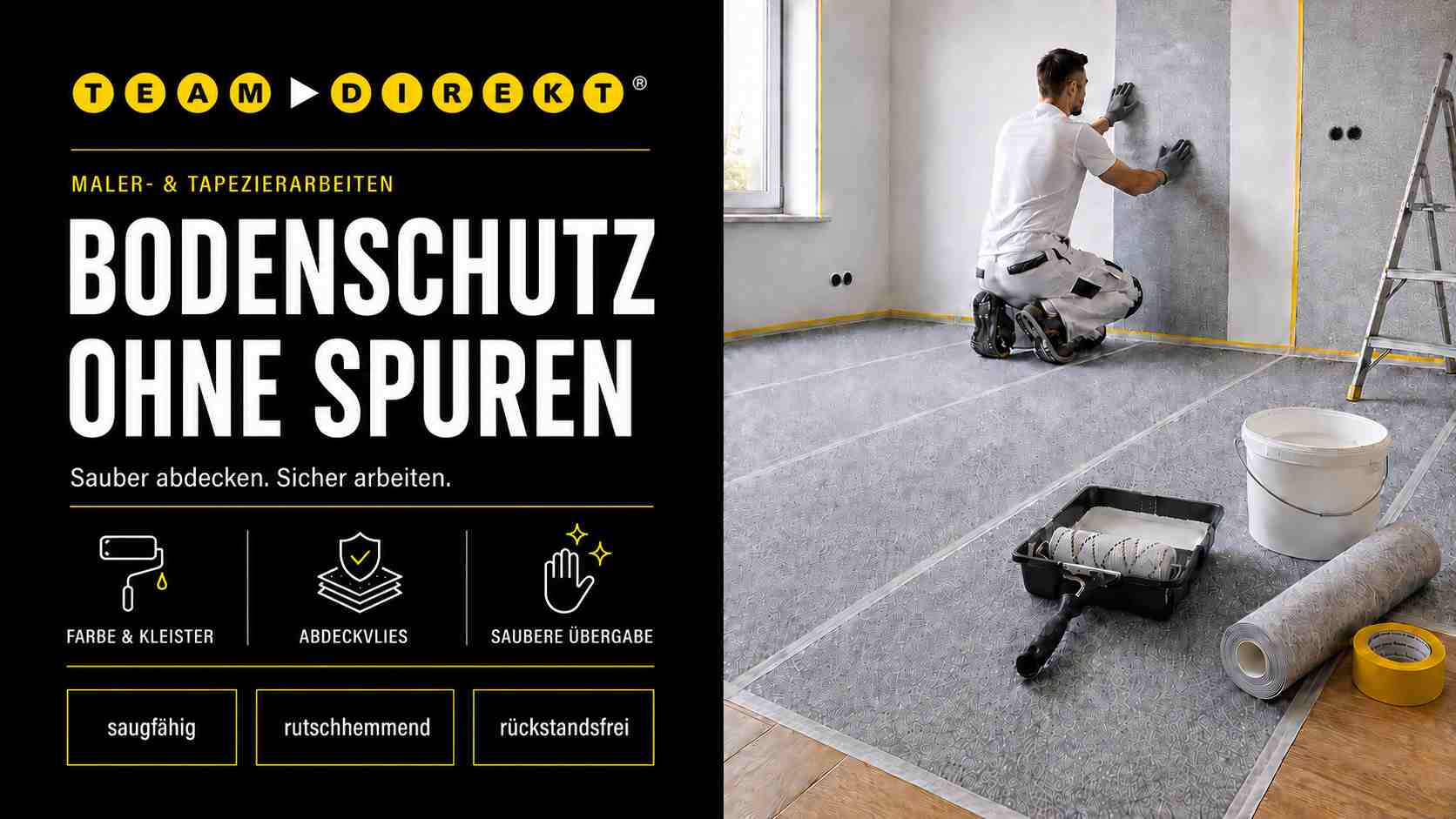 Bodenschutz mit Abdeckvlies bei Maler- und Tapezierarbeiten in einem Innenraum mit geschütztem Boden und Handwerker bei der Arbeit.