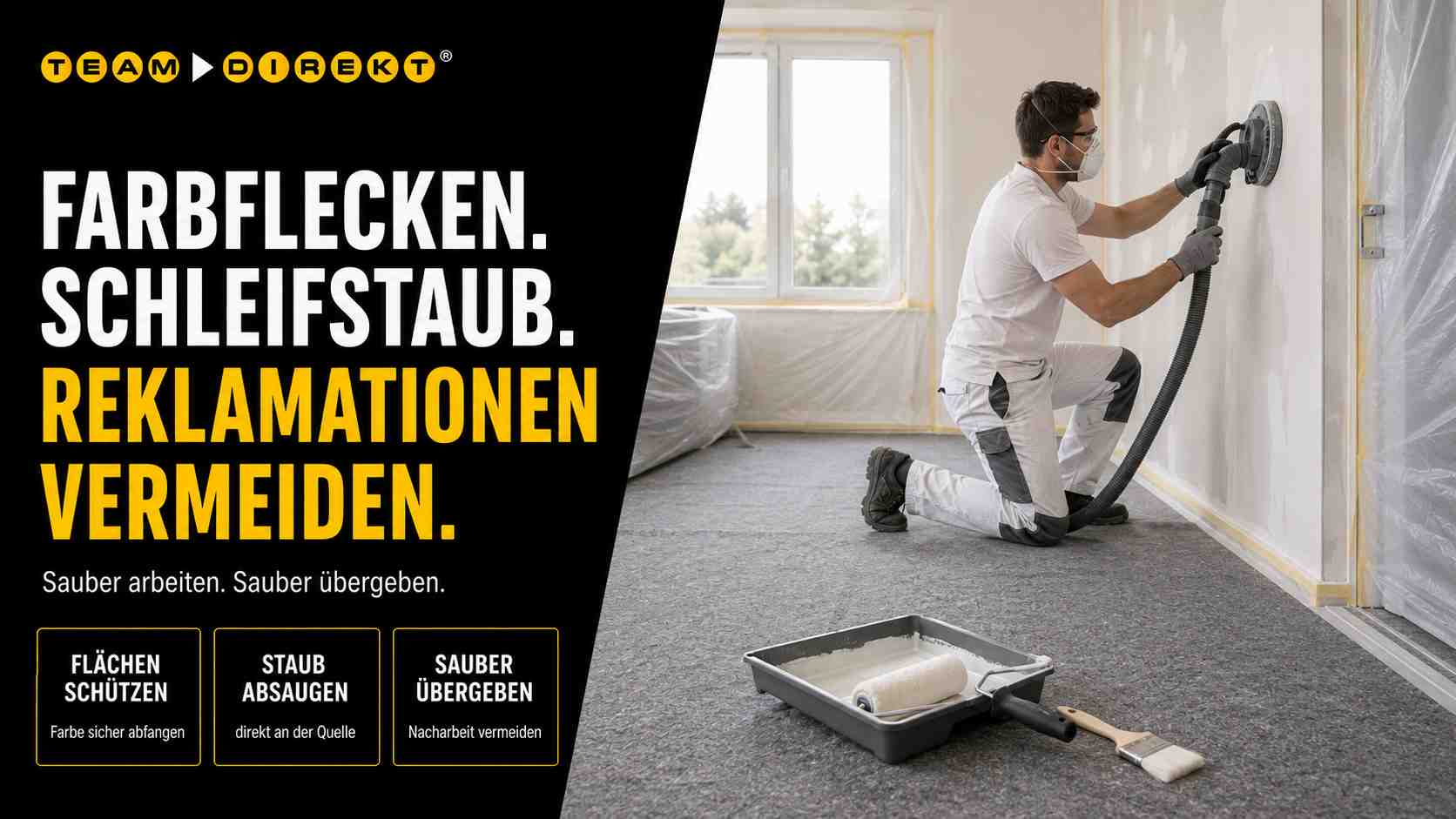 Handwerker schleift eine Wand mit direkter Absaugung, während Boden und angrenzende Flächen vor Schleifstaub und Farbflecken geschützt sind.
