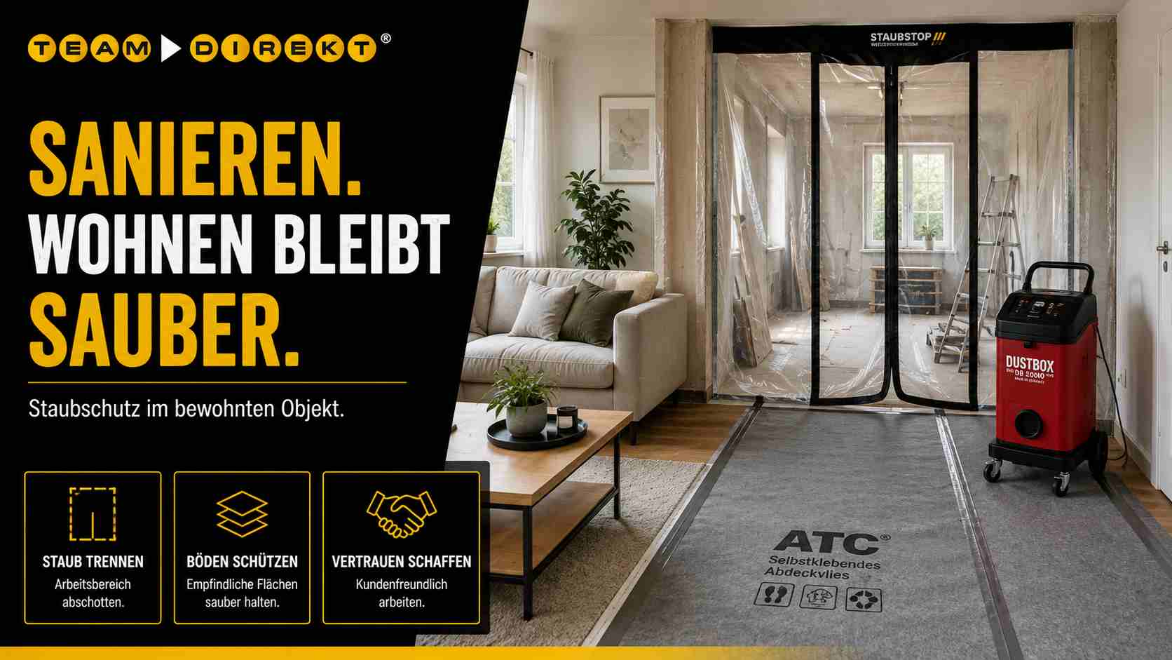 Kundenfreundliche Sanierung im bewohnten Objekt mit abgetrenntem Arbeitsbereich, Bodenschutz und Staubschutz für saubere Wohnräume.