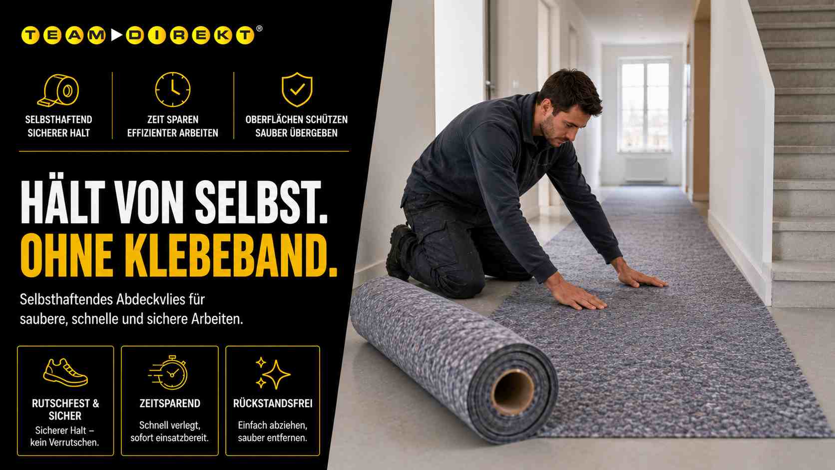 Selbsthaftendes Abdeckvlies wird auf einem Boden verlegt und haftet sicher ohne zusätzliches Klebeband – für sauberen und rutschfesten Bodenschutz.