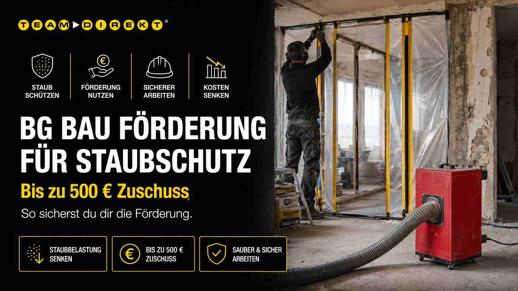 Featured image for “BG BAU Förderung für Bauluftreiniger – So sicherst Du Dir bis zu 500 € für saubere Luft auf Deiner Baustelle”