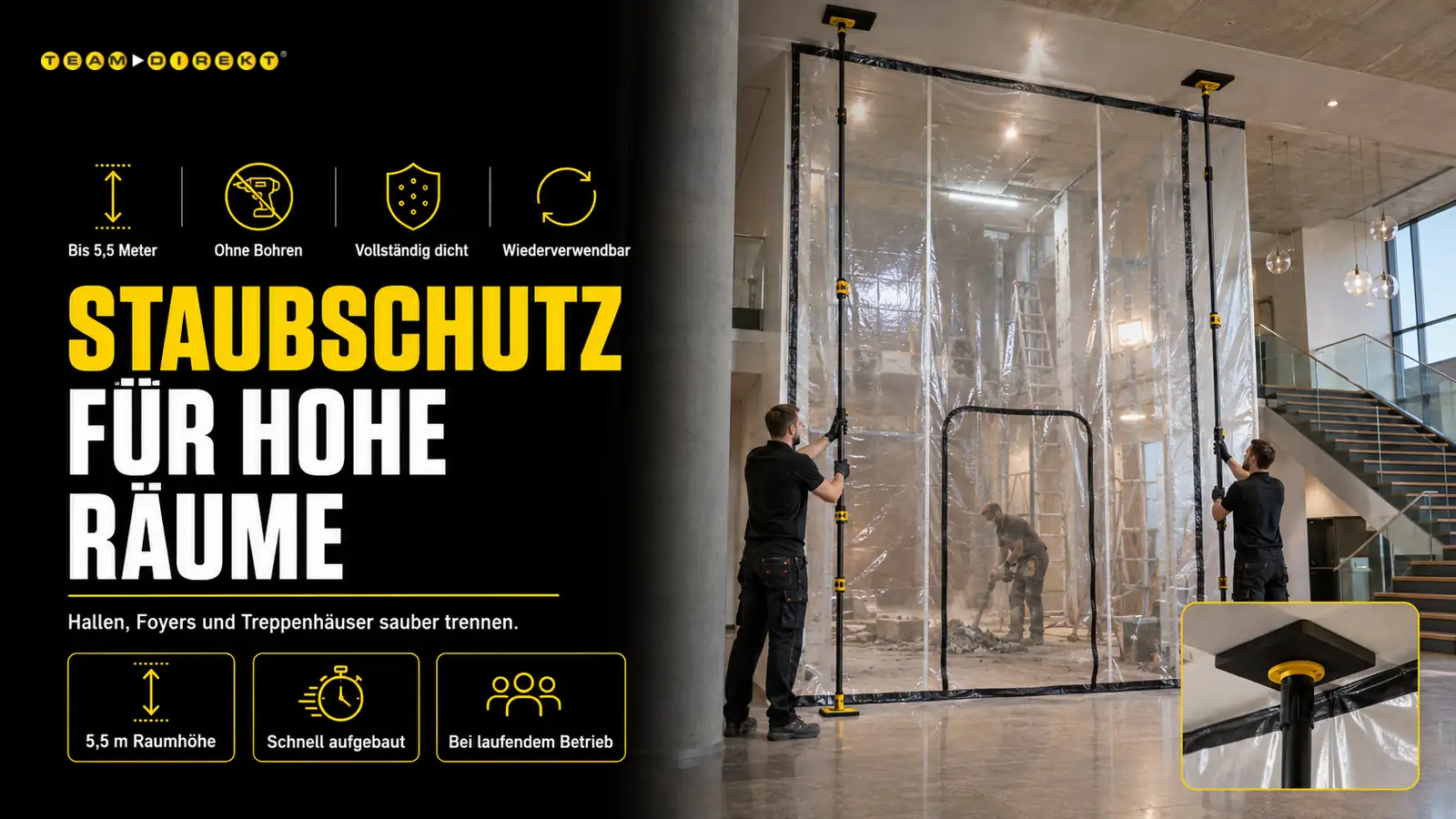 Featured image for “Staubschutzwand für hohe Räume: Hallen, Foyers & Treppenhäuser bis 5,5 m sicher abtrennen”