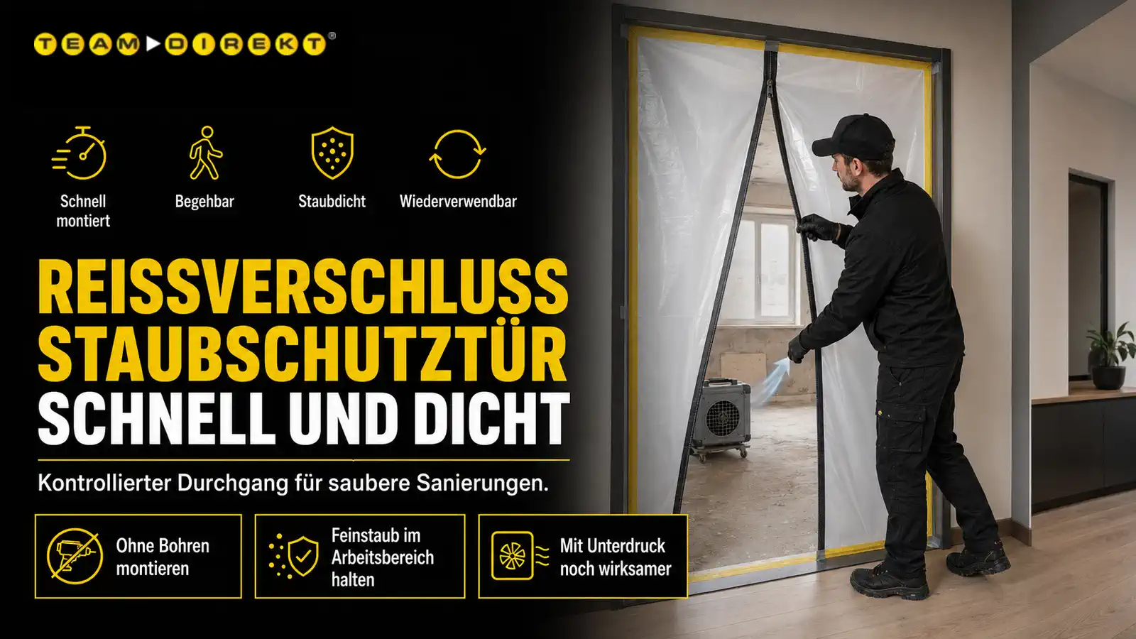 Featured image for “Reißverschluss-Staubschutztür: Staubbarriere mit Durchgang – schnell und dicht”