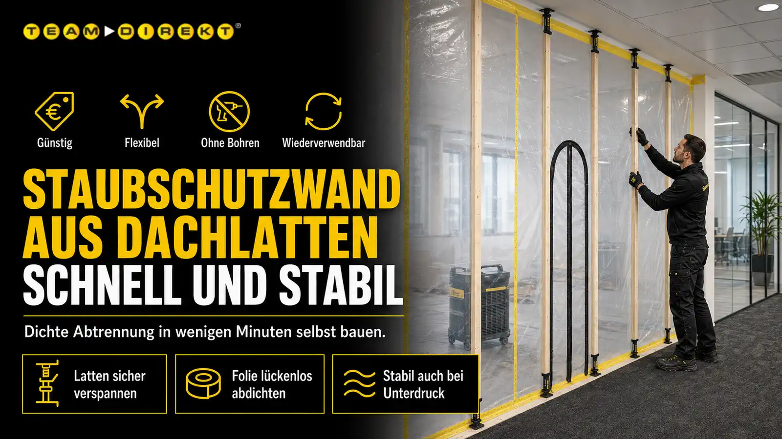 Featured image for “Staubschutzwand aus Dachlatten: in Minuten eine dichte, stabile Abtrennung”