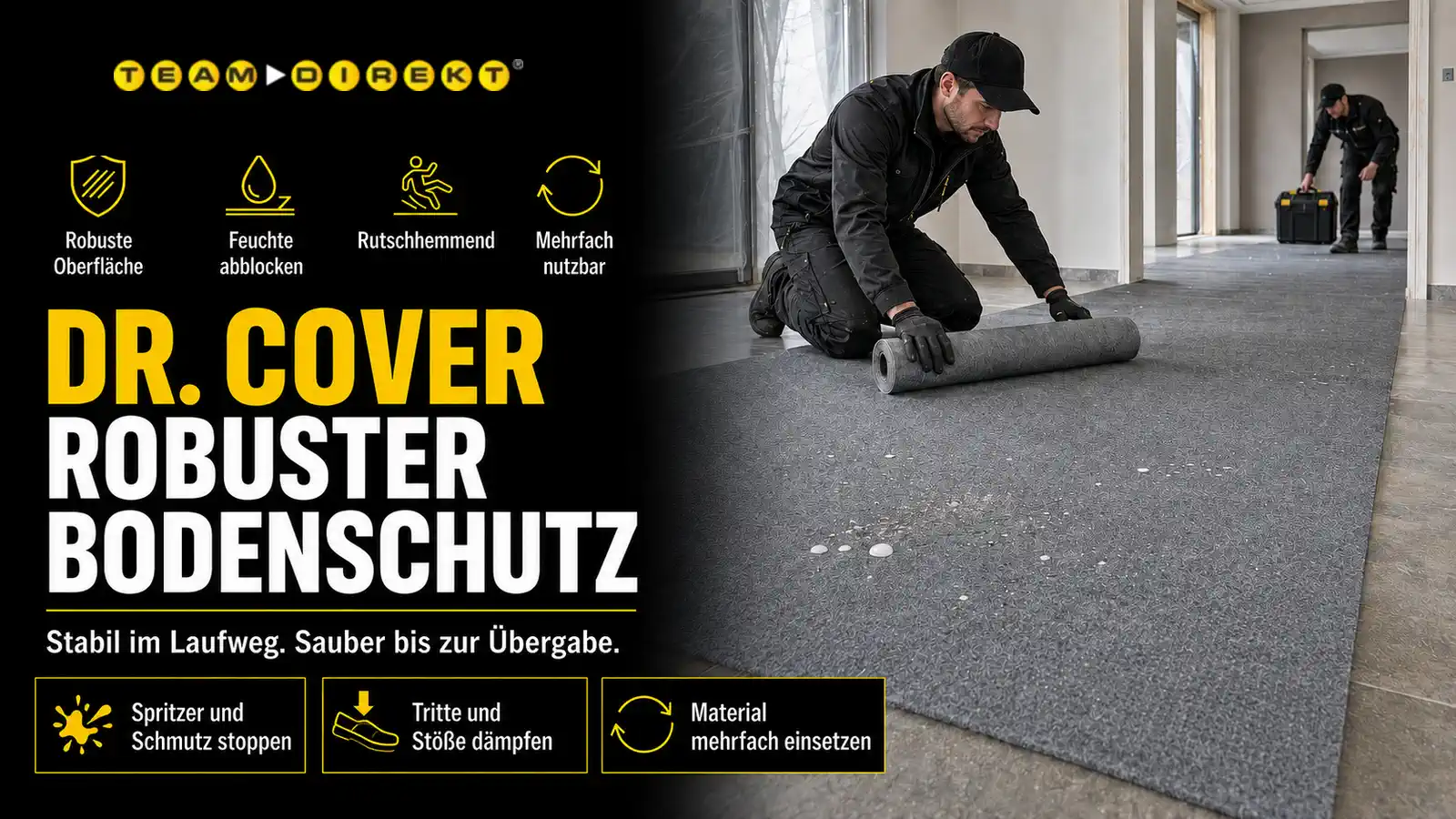 Featured image for “Abdeckvlies Dr. Cover: feuchtigkeitsdichter Bodenschutz zum Wiederverwenden”
