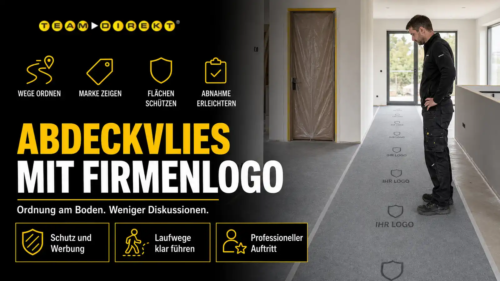 Featured image for “Abdeckvlies mit Firmenlogo: Ordnung und Werbung am Boden”