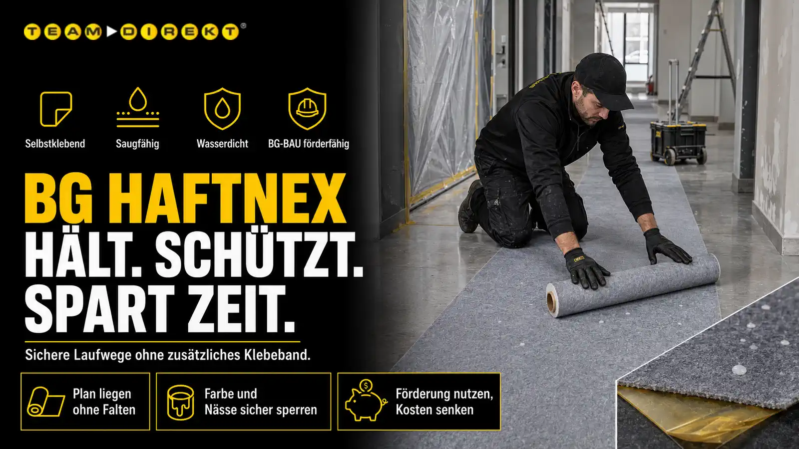 Featured image for “Abdeckvlies selbstklebend BG HaftNex: zuverlässiger Bodenschutz für Bau & Handwerk”