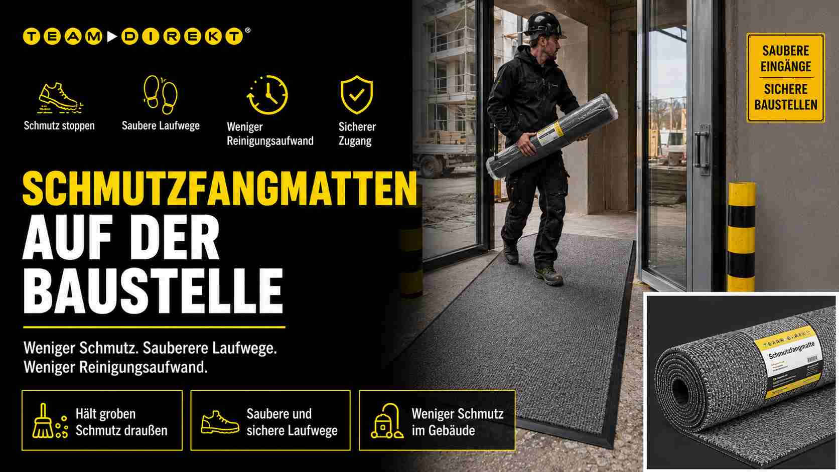 Featured image for “Schmutzfangmatten auf der Baustelle: weniger Schmutz, sauberere Laufwege, weniger Reinigungsaufwand”