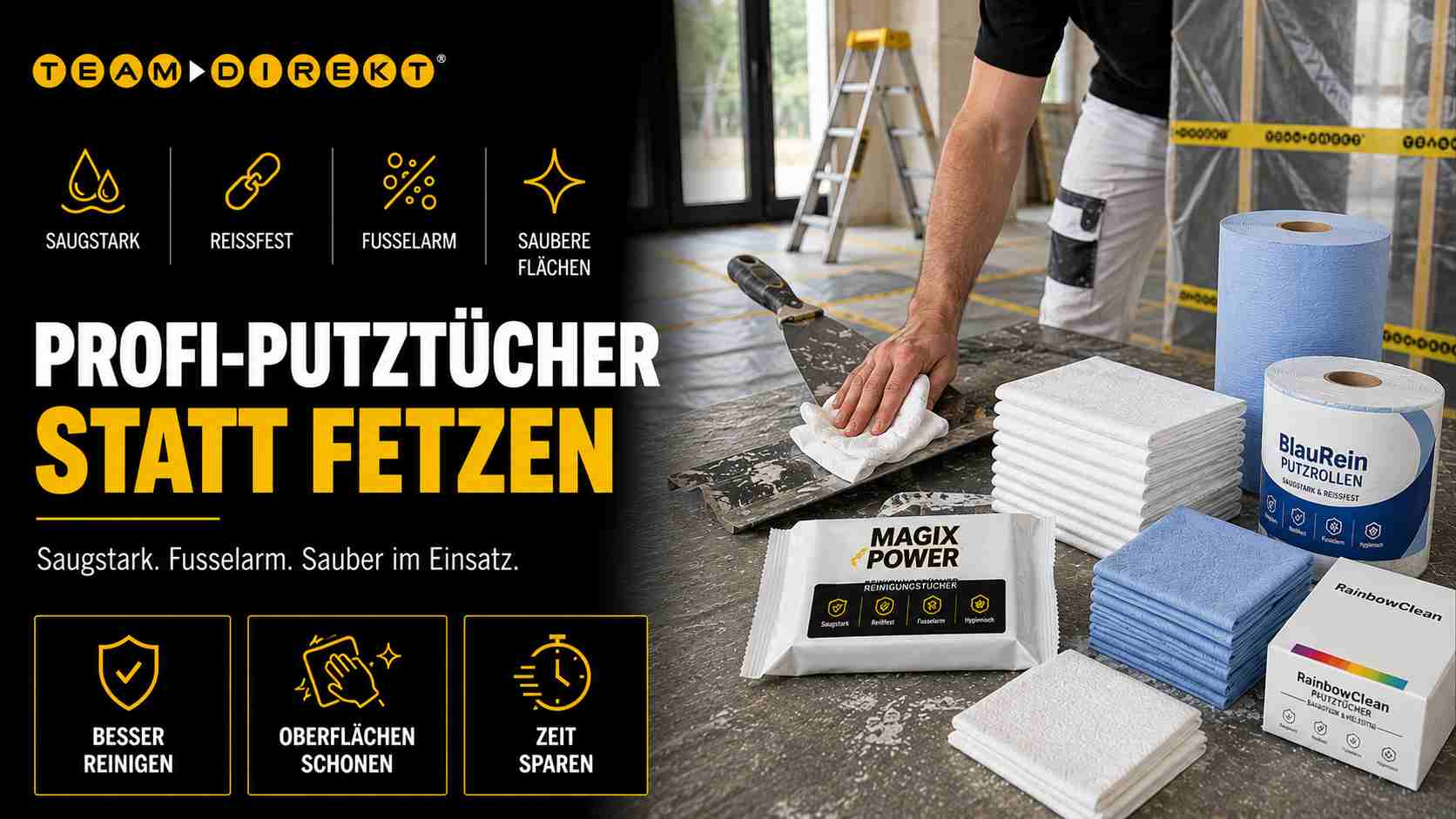 Featured image for “Neuwertige Putztücher statt alte Trikot-Fetzen – Warum professionelle Reinigungstücher auf Baustellen die bessere Lösung sind”