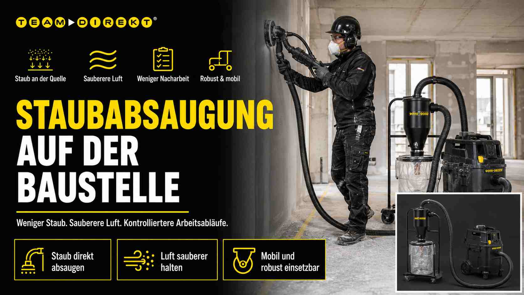 Featured image for “Staubabsaugung auf der Baustelle: weniger Staub, sauberere Luft, kontrolliertere Arbeitsabläufe”