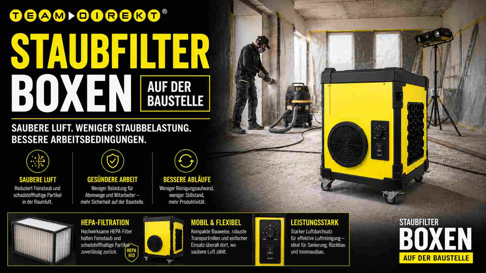 Featured image for “Staubfilter Boxen auf der Baustelle: saubere Luft, weniger Staubbelastung, bessere Arbeitsbedingungen”