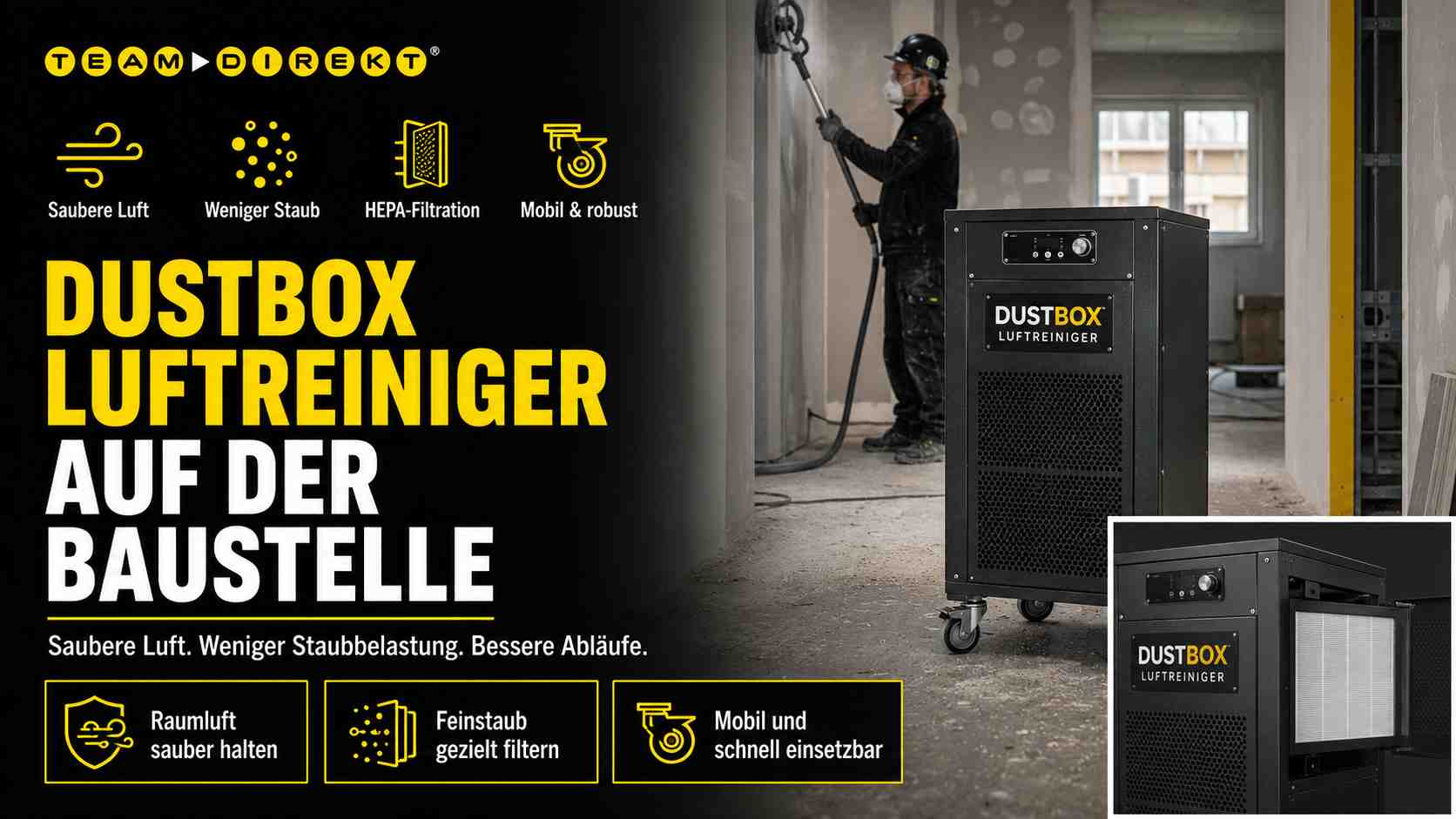 Featured image for “DustBox Luftreiniger auf der Baustelle: saubere Luft, weniger Staubbelastung, bessere Abläufe”