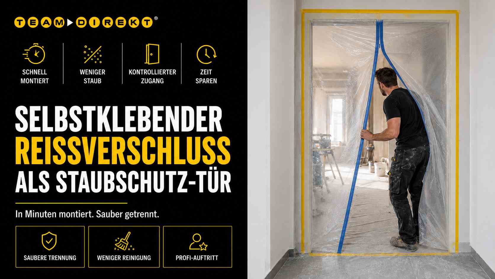 Featured image for “Selbstklebender Reißverschluss auf der Baustelle – Staubschutz-Tür in Minuten statt Stunden”