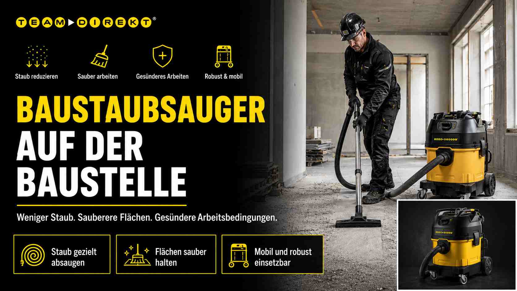 Featured image for “Baustaubsauger auf der Baustelle: weniger Staub, sauberere Flächen, gesündere Arbeitsbedingungen”