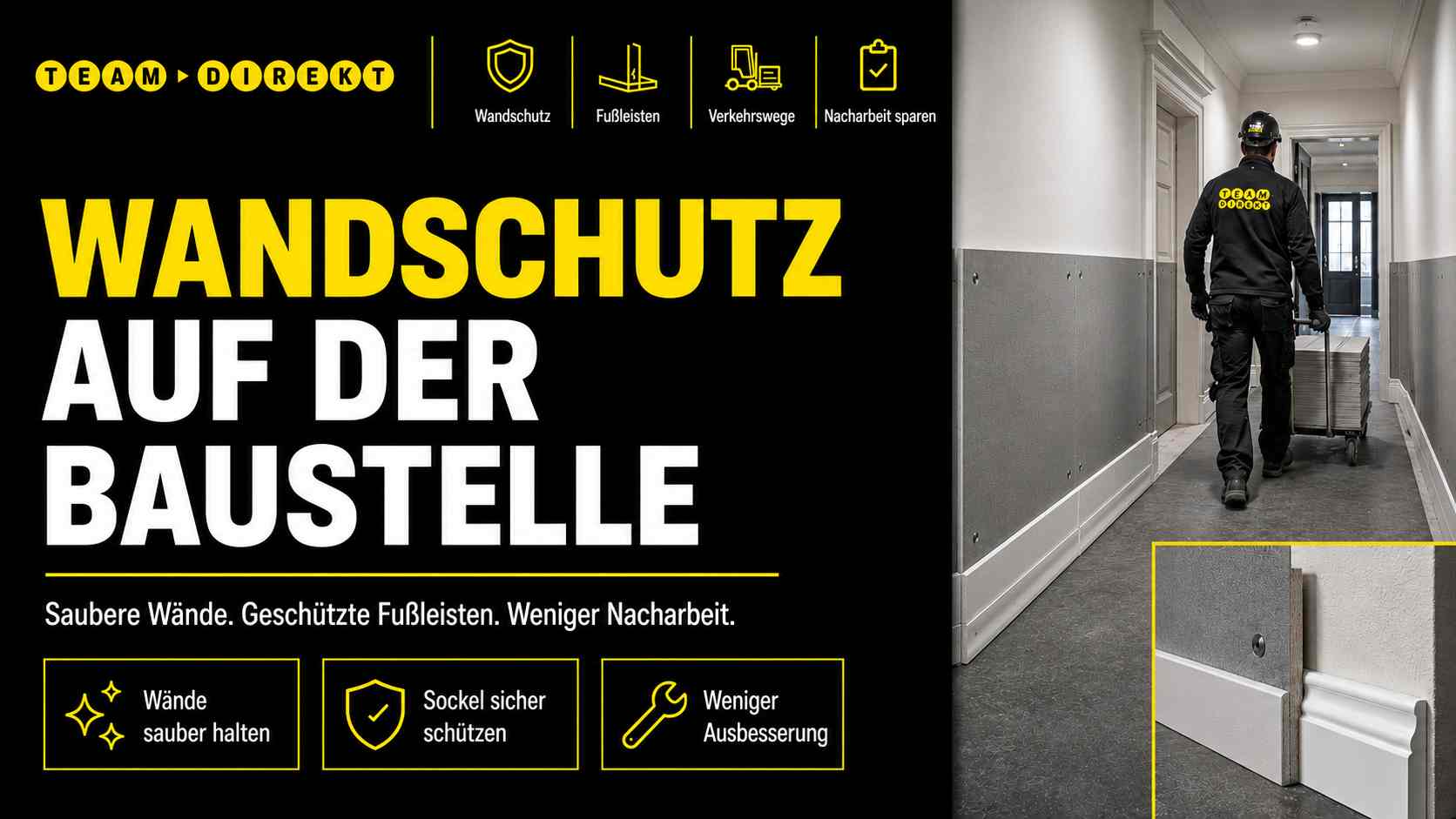 Featured image for “Wandschutz auf der Baustelle: saubere Wände, geschützte Fußleisten, weniger Nacharbeit”