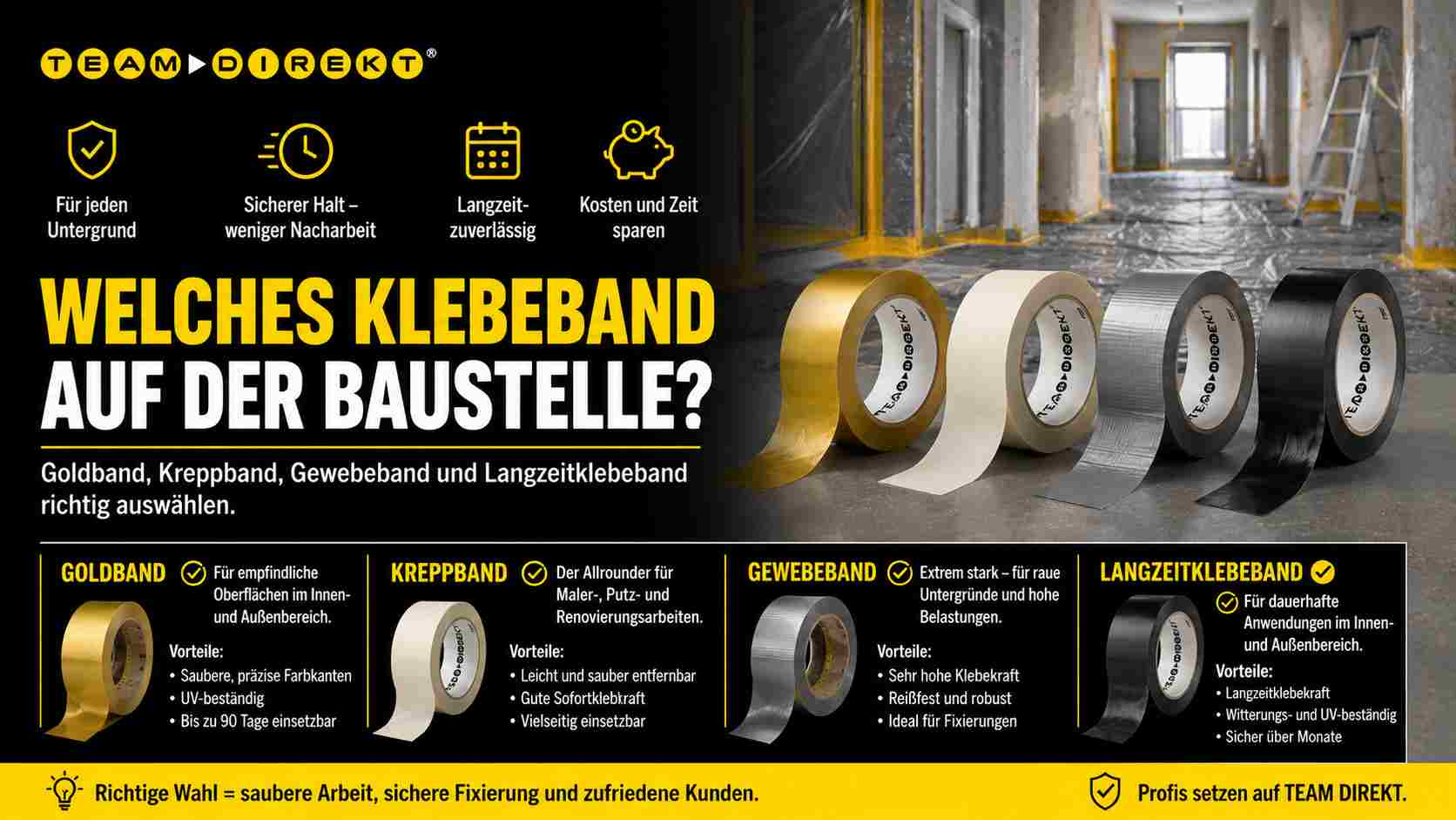 Featured image for “Welches Klebeband auf der Baustelle? Goldband, Kreppband, Gewebeband und Langzeitklebeband richtig auswählen”