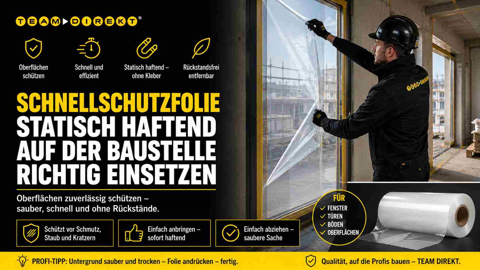 Featured image for “Schnellschutzfolie statisch haftend auf der Baustelle richtig einsetzen”