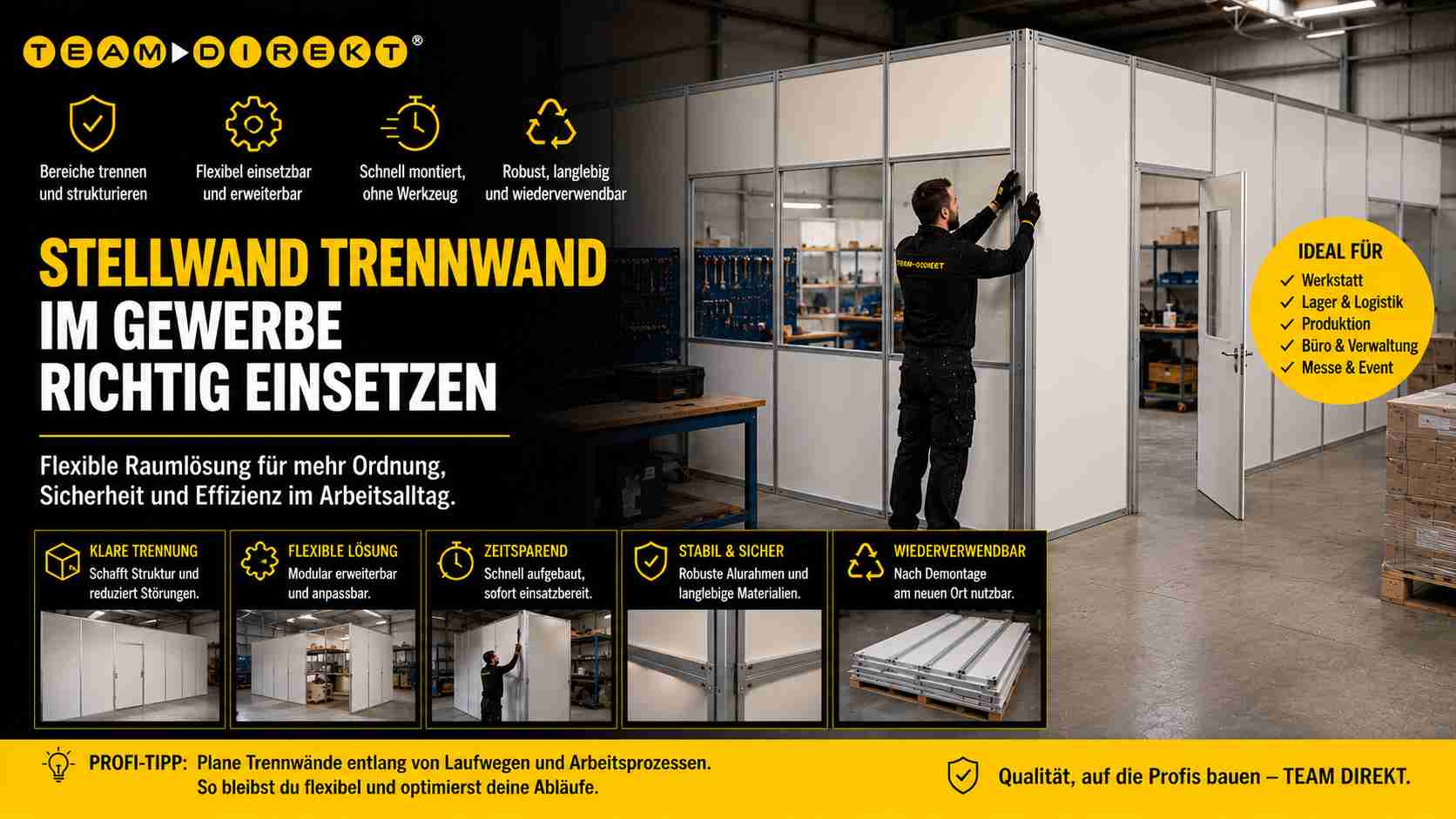 Featured image for “Stellwand und Trennwand im Gewerbe: Arbeitsbereiche flexibel und sicher strukturieren”