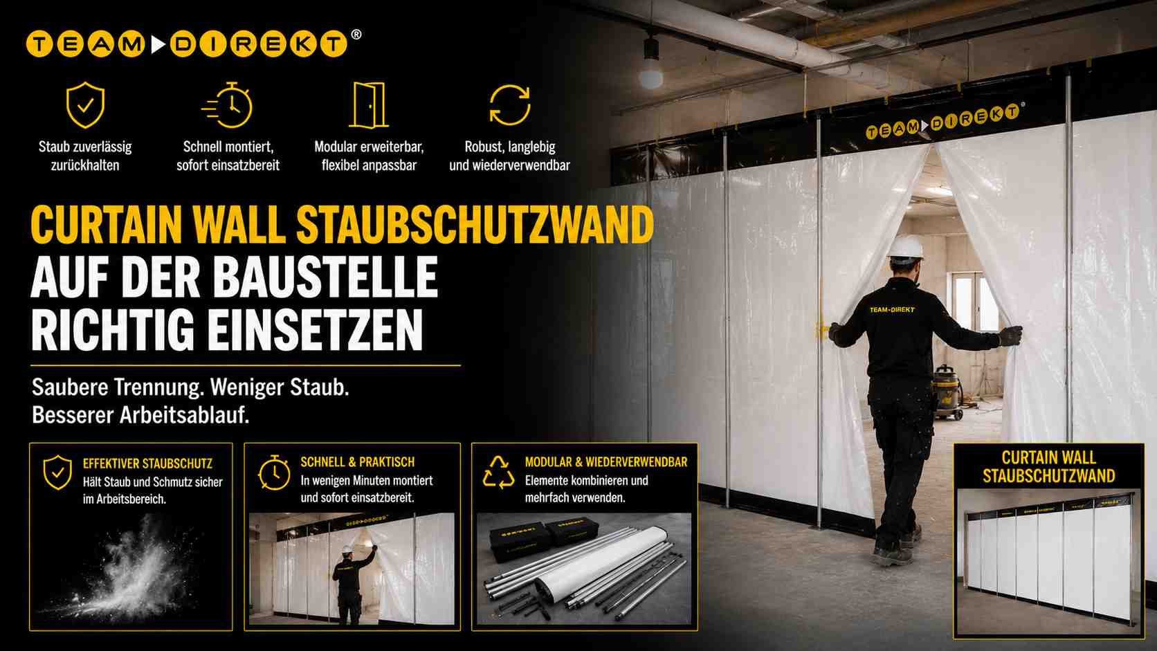 Featured image for “Curtain-Wall Staubschutzwand: Tape-freie Abschottung für sensible Innenbereiche”