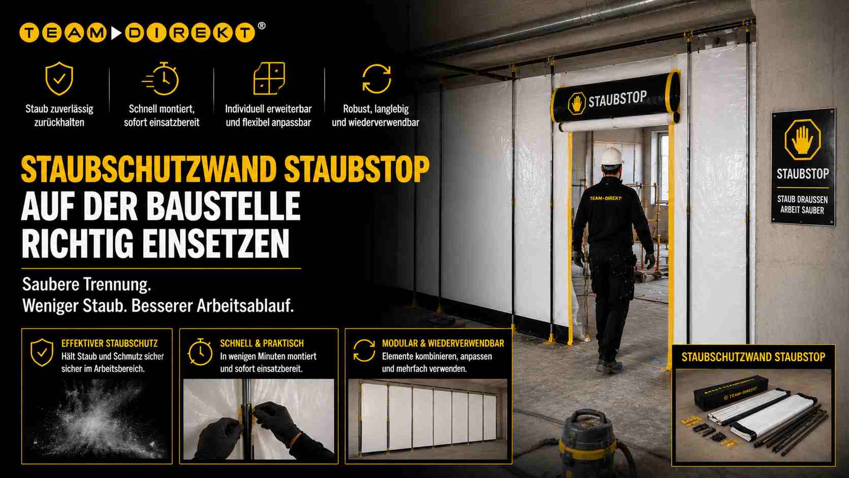 Featured image for “Staubschutzwand StaubStop!®: Arbeitsbereiche schnell und sauber abschotten”