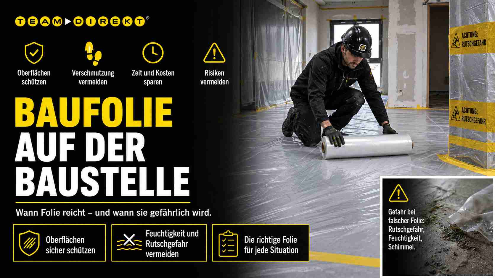 Featured image for “Baufolie auf der Baustelle: Wann Folie reicht – und wann sie gefährlich wird”
