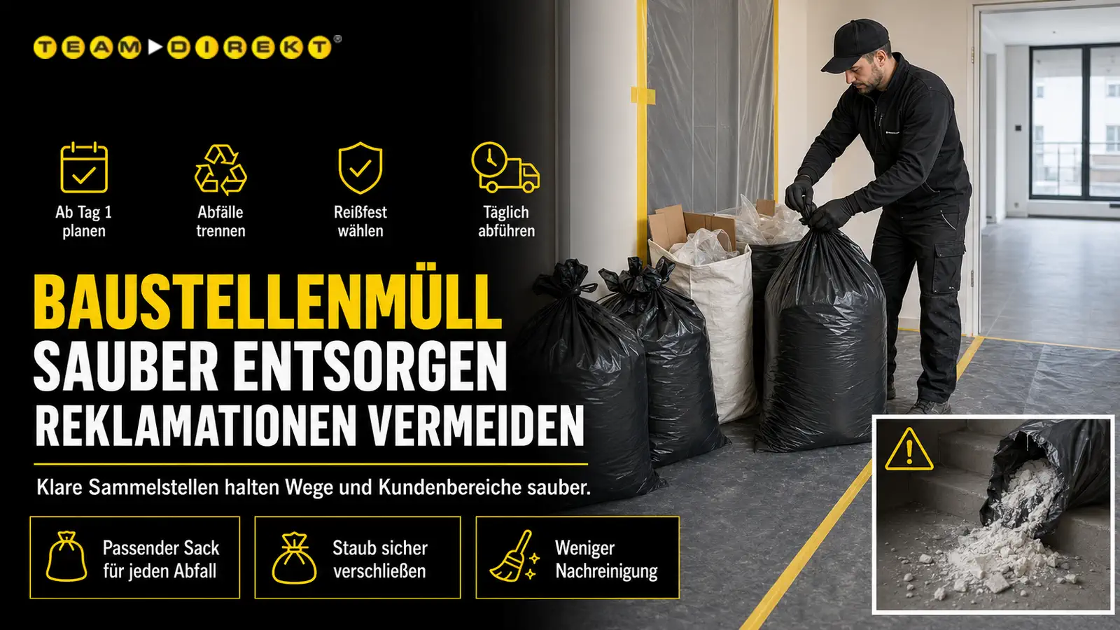 Featured image for “Müllsäcke und Entsorgung auf Baustellen: Warum saubere Baustellenorganisation Reklamationen vermeidet”