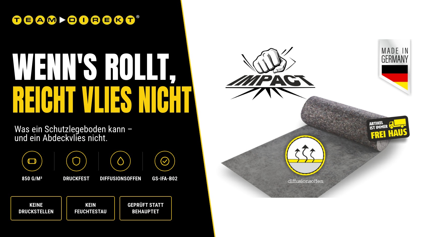 Grafik Team Direkt: graue Rolle Schutzlegeboden IMPACT 850 diffusionsoffen - befahrbarer Bodenschutz fuer Hubwagen, Stapler und Rollgeruest