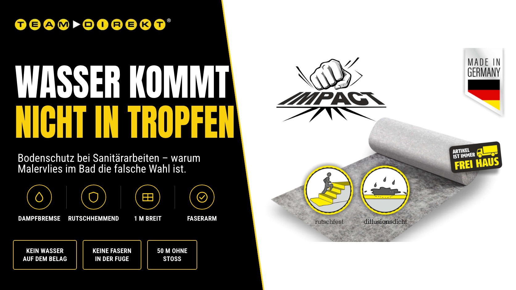 Grafik Team Direkt: Rolle Sanitaer- und Renoviervlies IMPACT ULTRA mit Dampfbremse, rutschfest und diffusionsdicht - Bodenschutz bei Sanitaerarbeiten