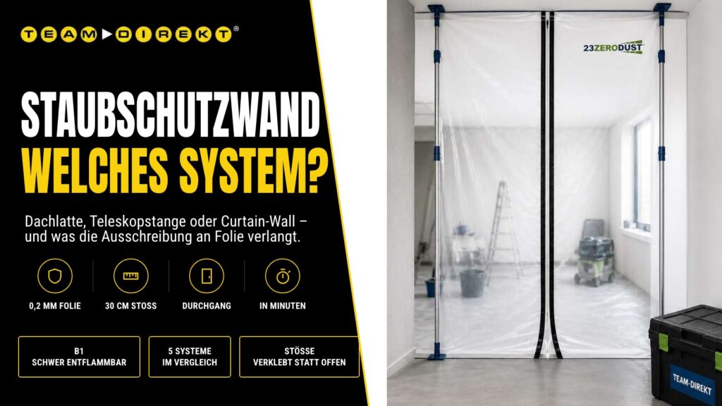 Staubschutzwand aus Curtain-Wall-Folie mit Teleskopstangen und Reissverschluss-Durchgang trennt den Arbeitsbereich mit Leiter und Bau-Entstauber vom sauberen Raum