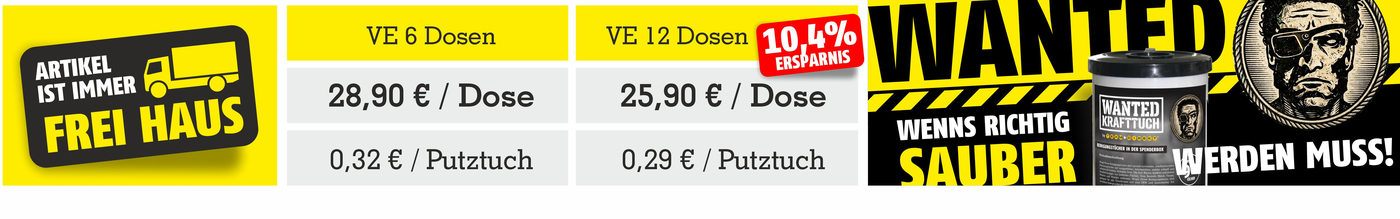 Preise WANTED Krafttuch: 6 Dosen 28,90 Euro je Dose (0,32 Euro je Putztuch), 12 Dosen 25,90 Euro je Dose (0,29 Euro je Putztuch), 10,4 Prozent Ersparnis, Lieferung frei Haus