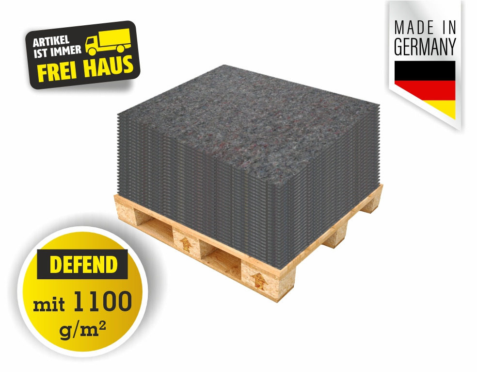 Palette mit gestapelten grauen DEFEND Vliesfaserplatten, Format 120 x 80 cm, 1100 g/m², Hinweise „Artikel ist immer frei Haus“ und „Made in Germany“