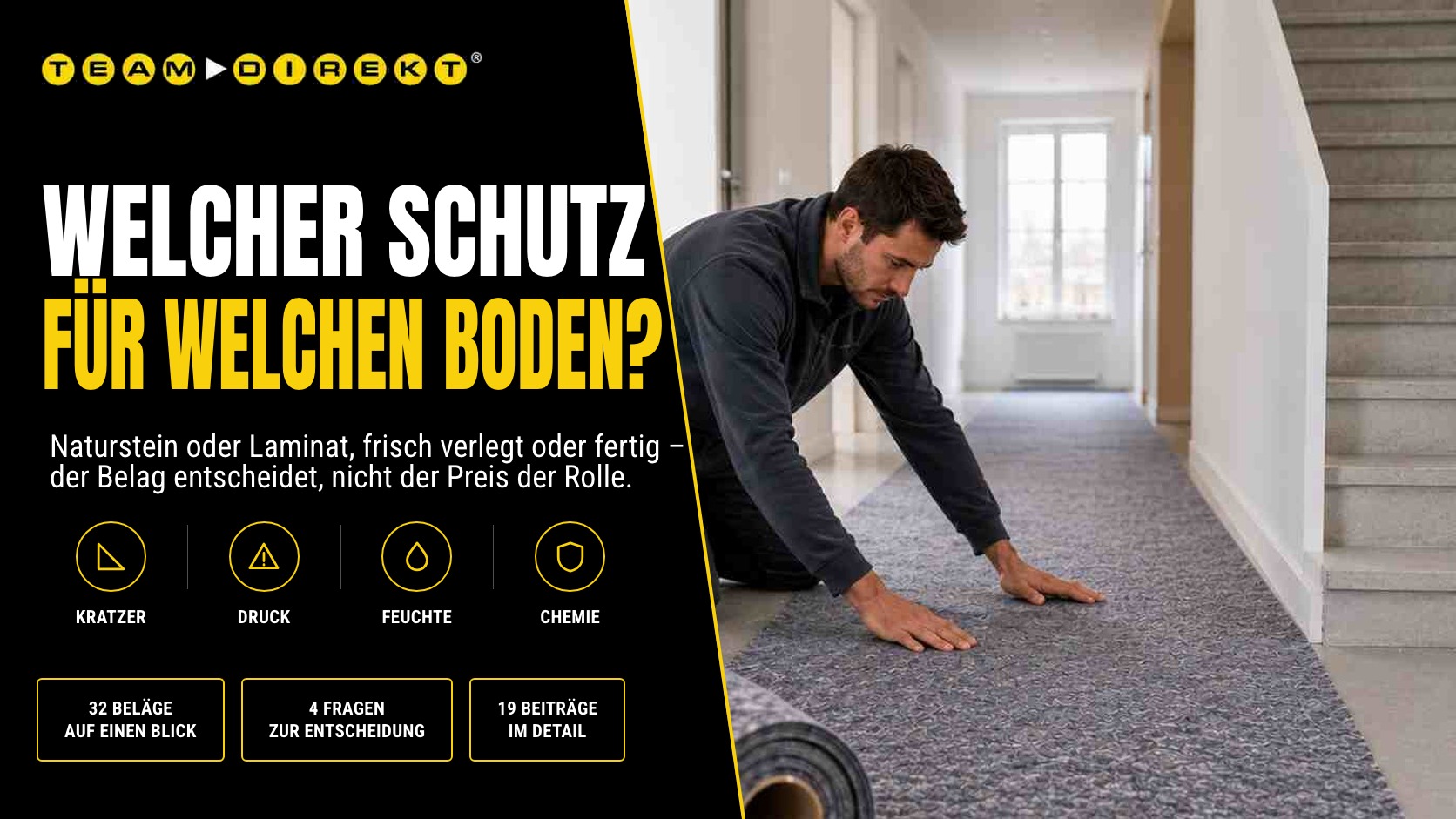 Handwerker verlegt Abdeckvlies im Flur – Übersicht: welcher Bodenschutz zu welchem Belag passt
