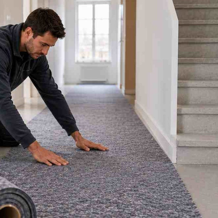 Handwerker verlegt Abdeckvlies im Flur – Boden abdecken bei der Renovierung