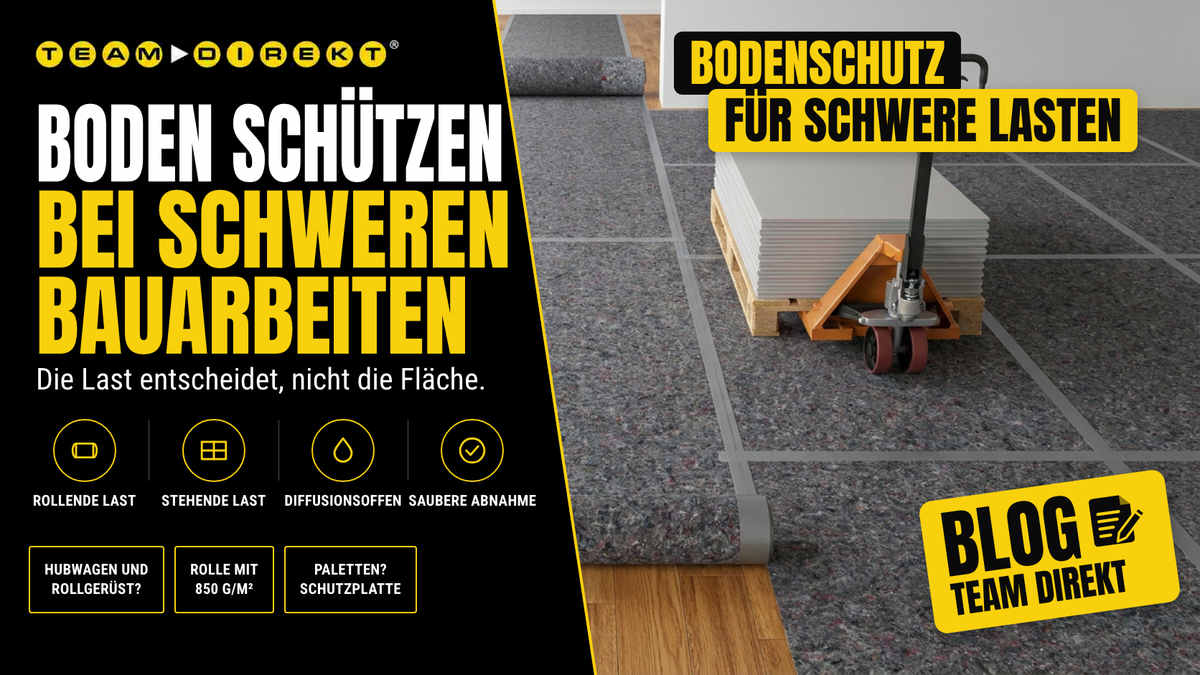 Boden schützen bei schweren Bauarbeiten: Hammerfest IMPACT Schutzlegeboden und Schutzplatten auf Parkett, Hubwagen mit Palette – Blog Team Direkt