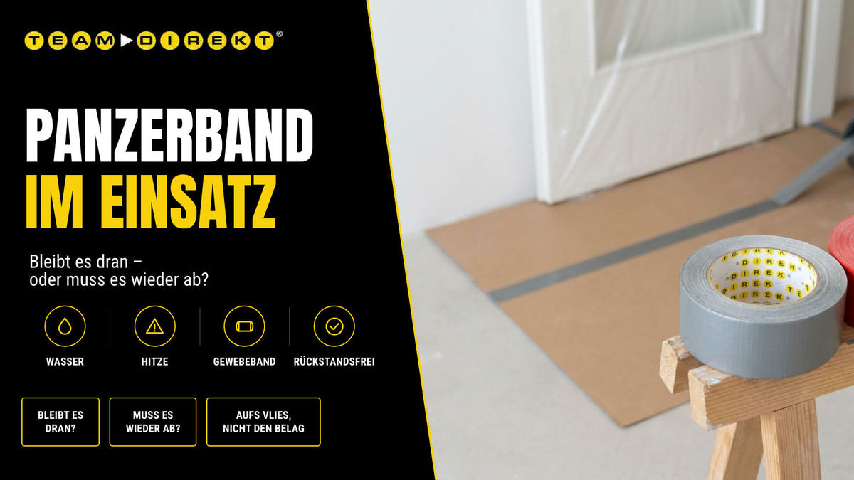 Panzerband im Einsatz: Gewebeklebeband Titan PRO auf einem Bock, dahinter mit Panzerband verbundene Schutzpappe vor einer abgeklebten Tür