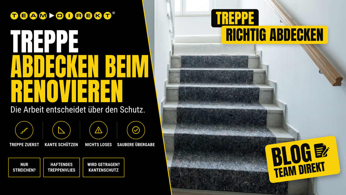 Treppe abdecken beim Renovieren: Steintreppe mit Hammerfest Stufenprofil auf jeder Stufe, Podest mit Treppenschutzvlies – Blog Team Direkt